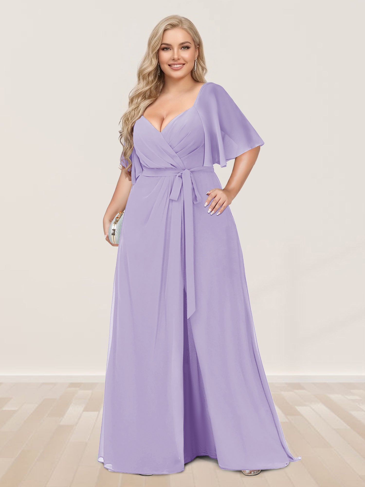 A-Line/Princess V-Neck Half Sleeves Plus Size Bridesmaid Dresses with Split Side