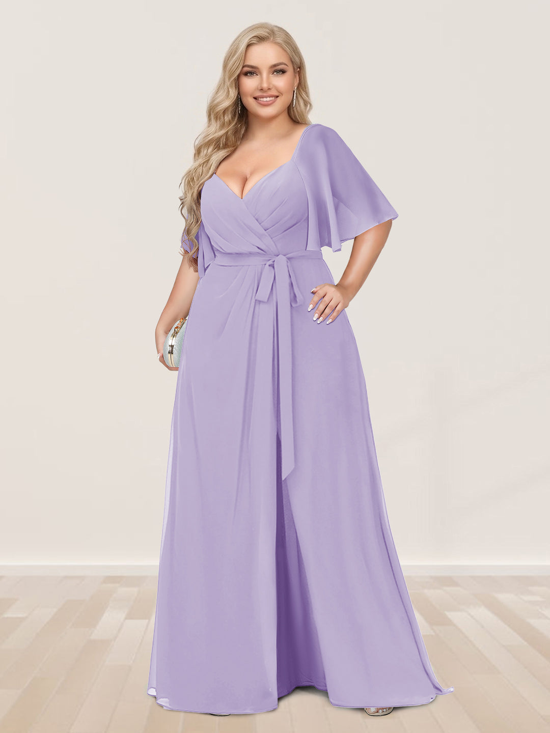 A-Line/Princess V-Neck Half Sleeves Plus Size Bridesmaid Dresses with Split Side