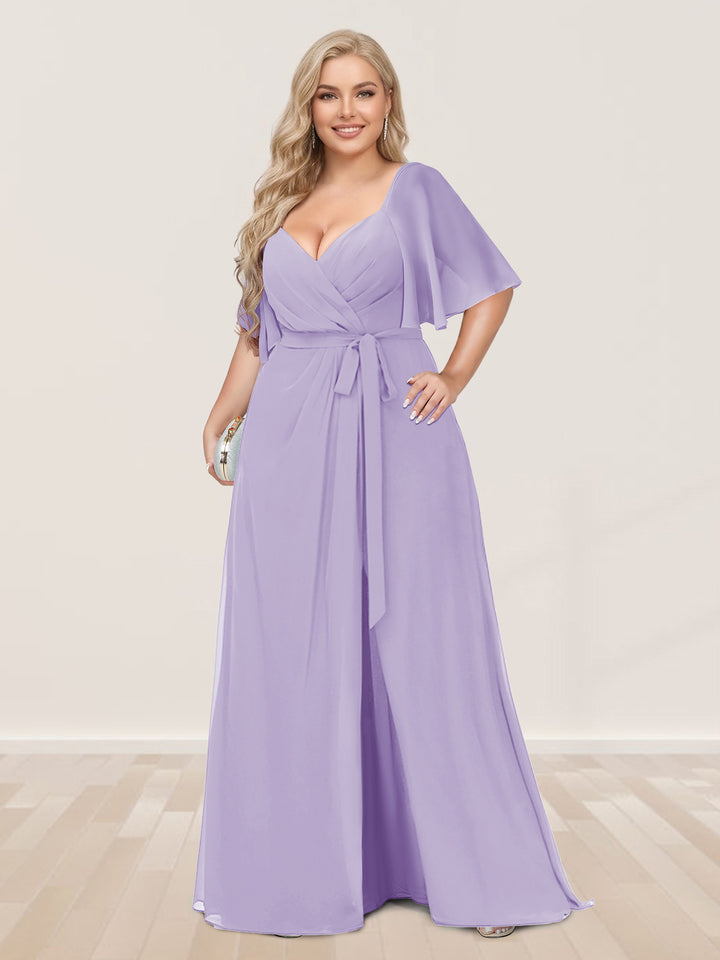 A-Line/Princess V-Neck Half Sleeves Plus Size Bridesmaid Dresses with Split Side