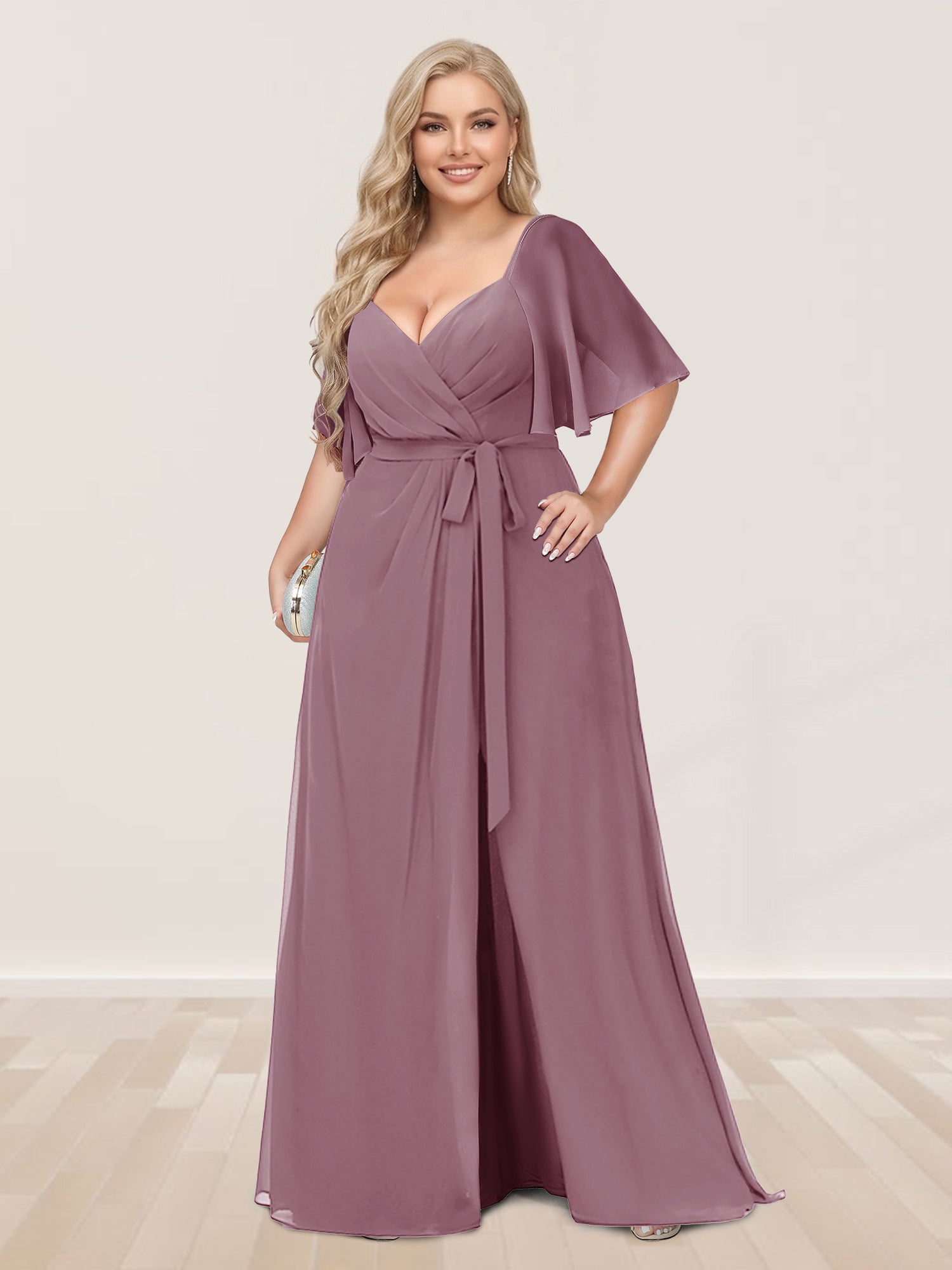 A-Line/Princess V-Neck Half Sleeves Plus Size Bridesmaid Dresses with Split Side