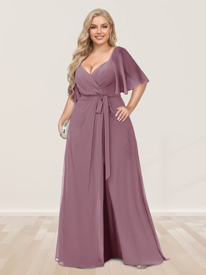 A-Line/Princess V-Neck Half Sleeves Plus Size Bridesmaid Dresses with Split Side