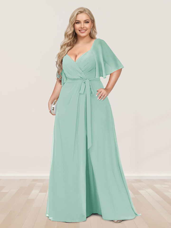 A-Line/Princess V-Neck Half Sleeves Plus Size Bridesmaid Dresses with Split Side