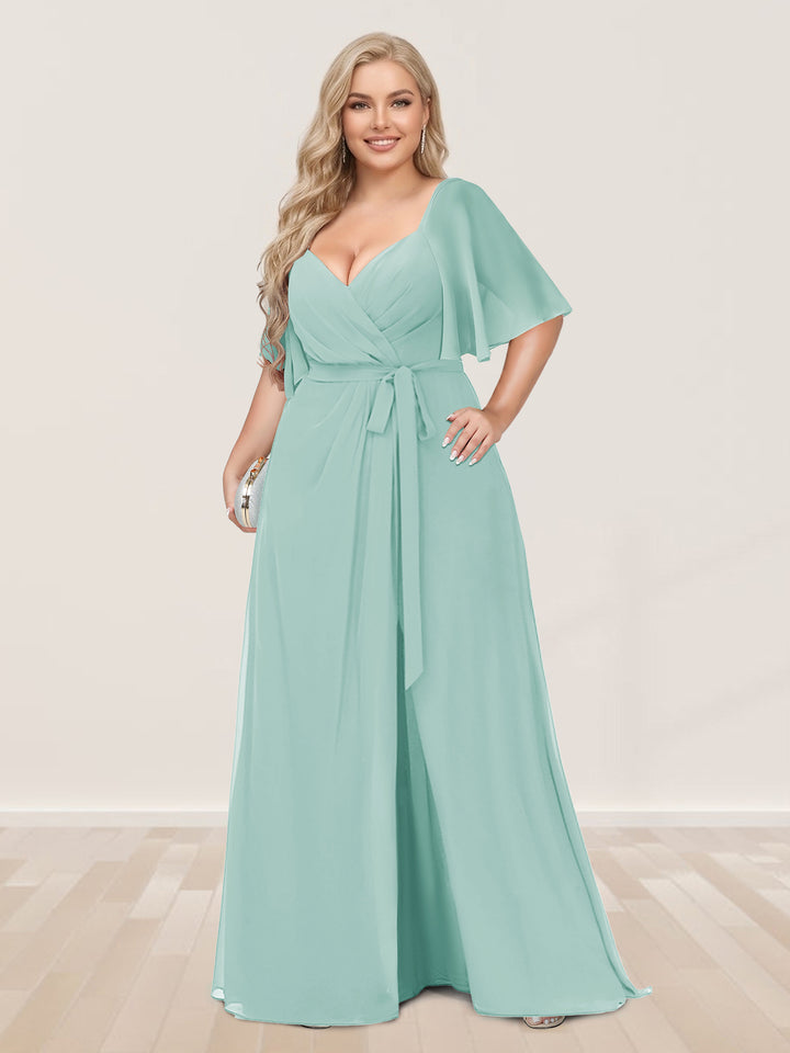 A-Line/Princess V-Neck Half Sleeves Plus Size Bridesmaid Dresses with Split Side