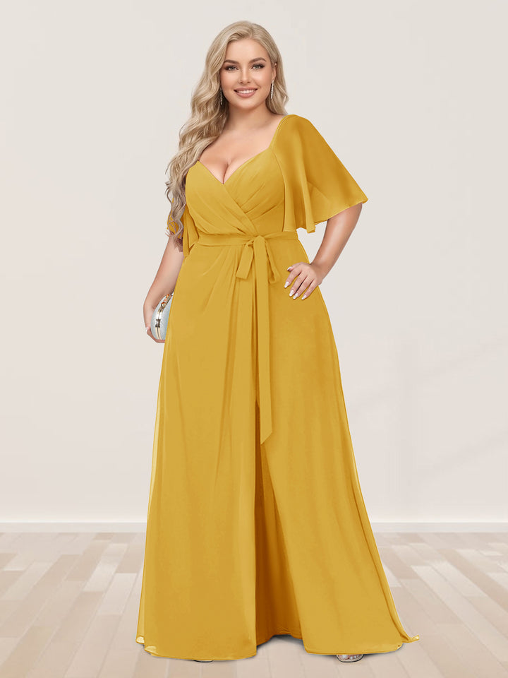 A-Line/Princess V-Neck Half Sleeves Plus Size Bridesmaid Dresses with Split Side