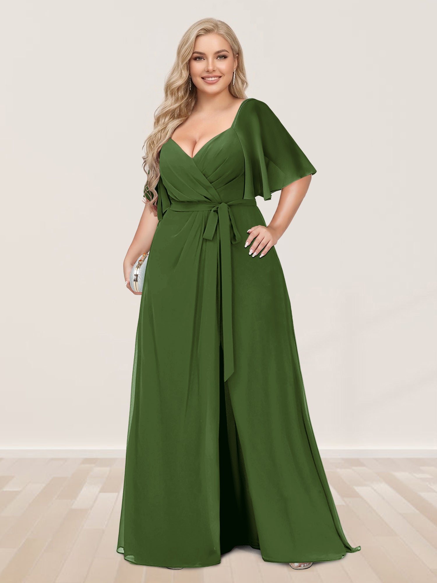 A-Line/Princess V-Neck Half Sleeves Plus Size Bridesmaid Dresses with Split Side