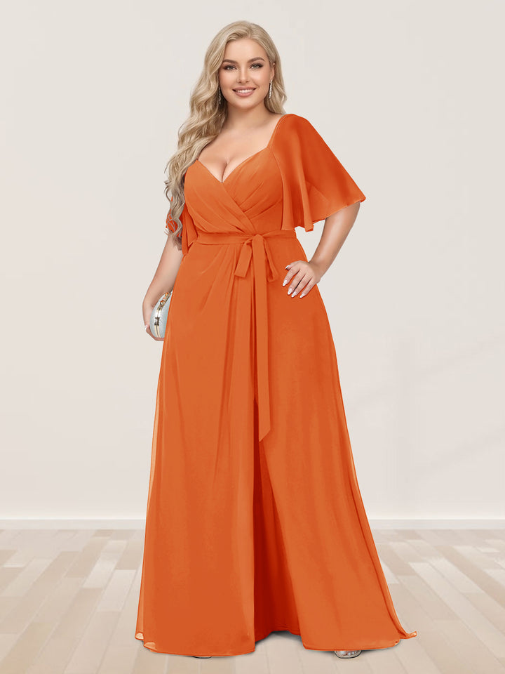 A-Line/Princess V-Neck Half Sleeves Plus Size Bridesmaid Dresses with Split Side
