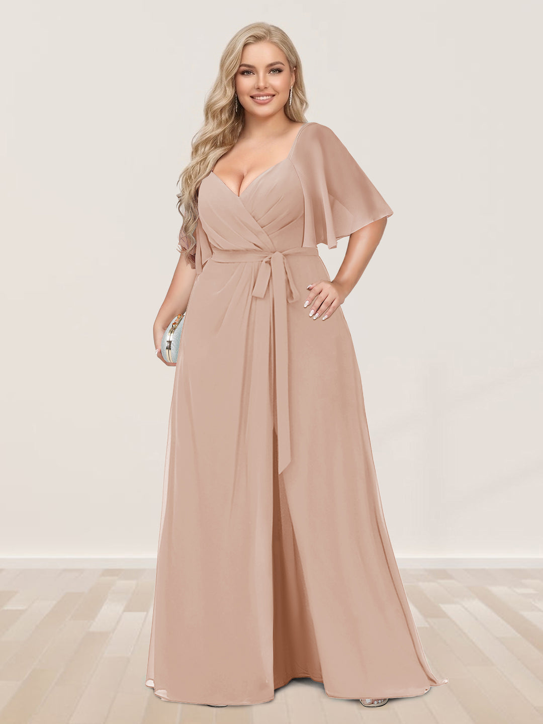 A-Line/Princess V-Neck Half Sleeves Plus Size Bridesmaid Dresses with Split Side