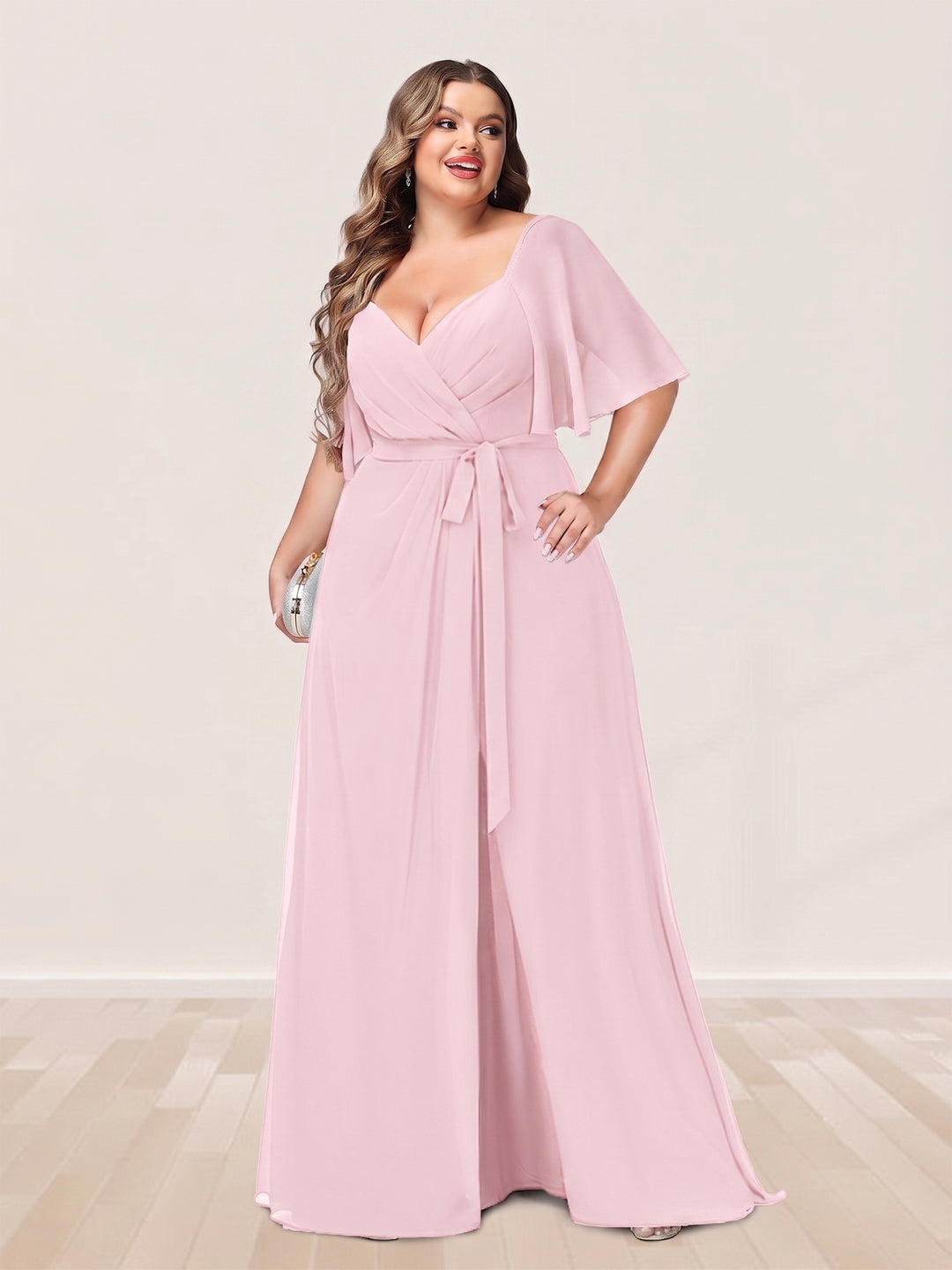 A-Line/Princess V-Neck Half Sleeves Plus Size Bridesmaid Dresses with Split Side