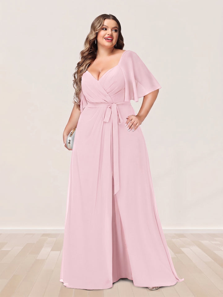 A-Line/Princess V-Neck Half Sleeves Plus Size Bridesmaid Dresses with Split Side