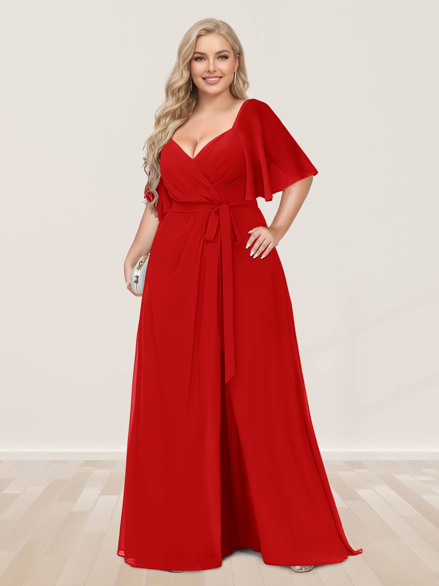 A-Line/Princess V-Neck Half Sleeves Plus Size Bridesmaid Dresses with Split Side