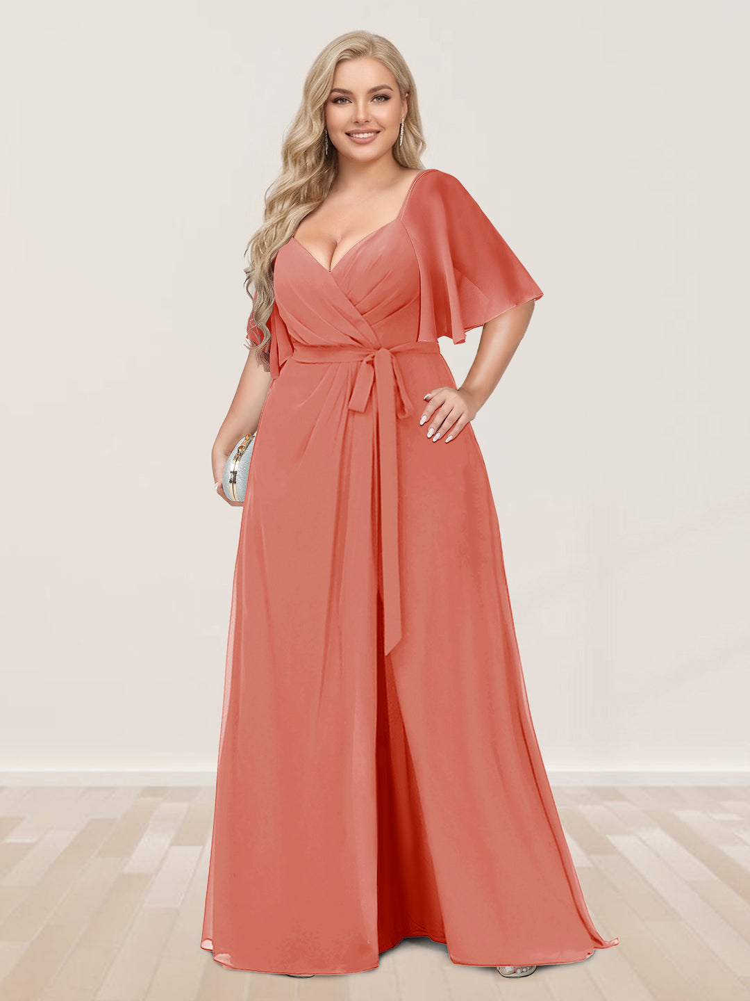 A-Line/Princess V-Neck Half Sleeves Plus Size Bridesmaid Dresses with Split Side
