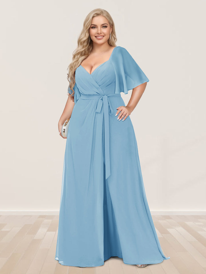 A-Line/Princess V-Neck Half Sleeves Plus Size Bridesmaid Dresses with Split Side