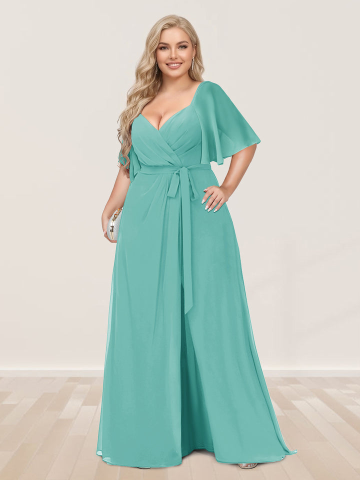 A-Line/Princess V-Neck Half Sleeves Plus Size Bridesmaid Dresses with Split Side