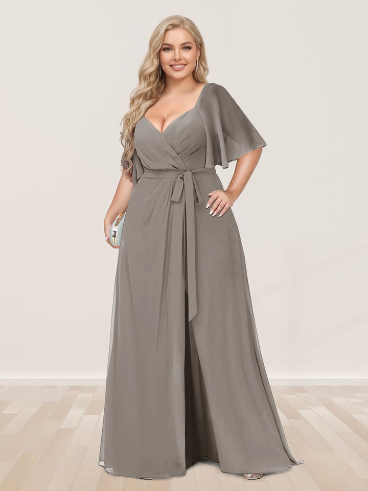 A-Line/Princess V-Neck Half Sleeves Plus Size Bridesmaid Dresses with Split Side