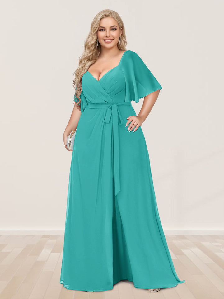 A-Line/Princess V-Neck Half Sleeves Plus Size Bridesmaid Dresses with Split Side