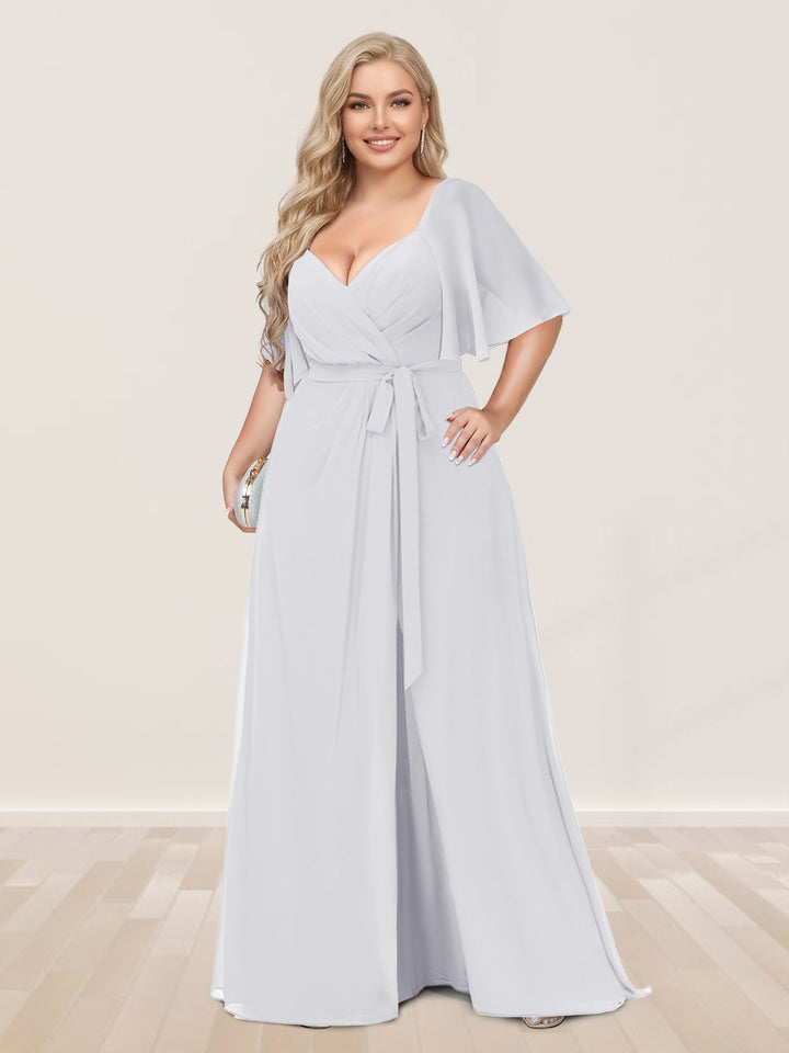 A-Line/Princess V-Neck Half Sleeves Plus Size Bridesmaid Dresses with Split Side
