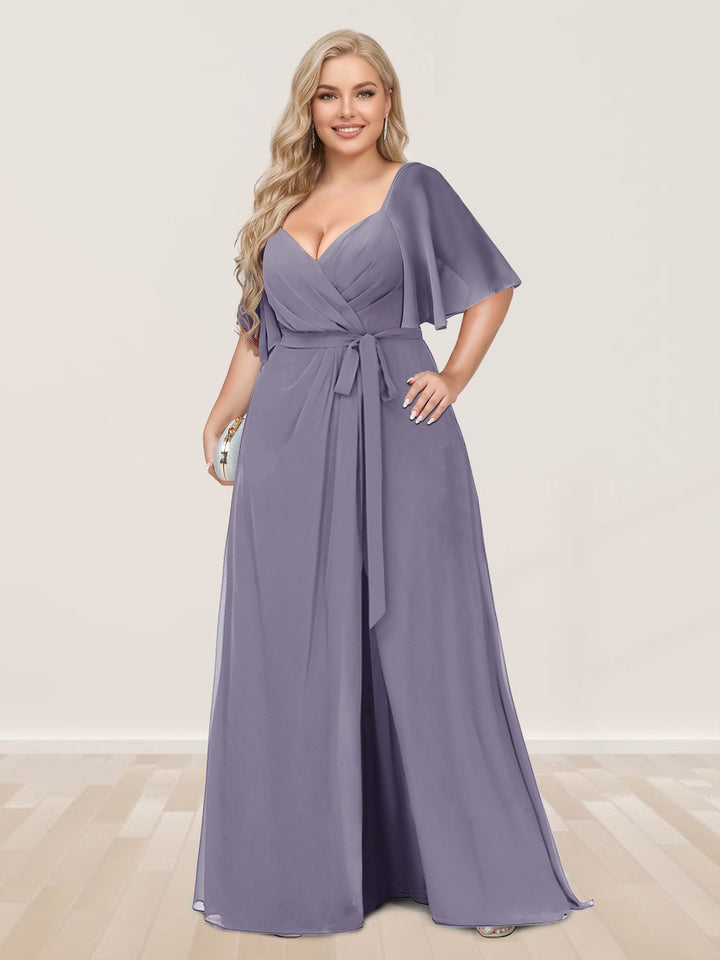 A-Line/Princess V-Neck Half Sleeves Plus Size Bridesmaid Dresses with Split Side