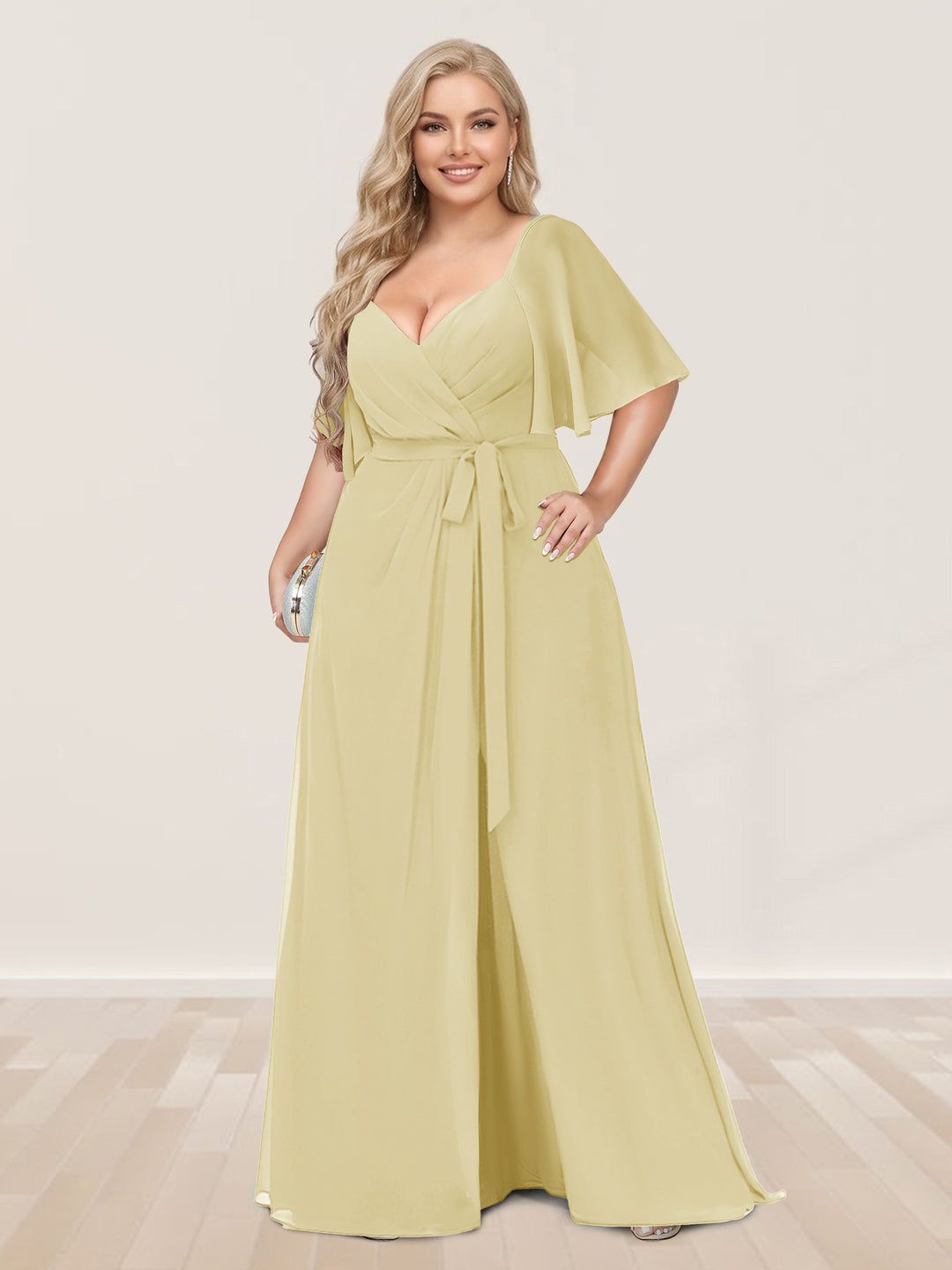A-Line/Princess V-Neck Half Sleeves Plus Size Bridesmaid Dresses with Split Side