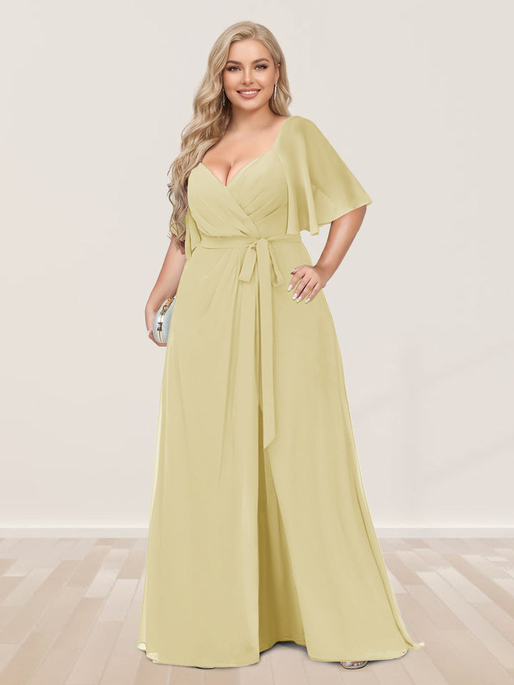 A-Line/Princess V-Neck Half Sleeves Plus Size Bridesmaid Dresses with Split Side