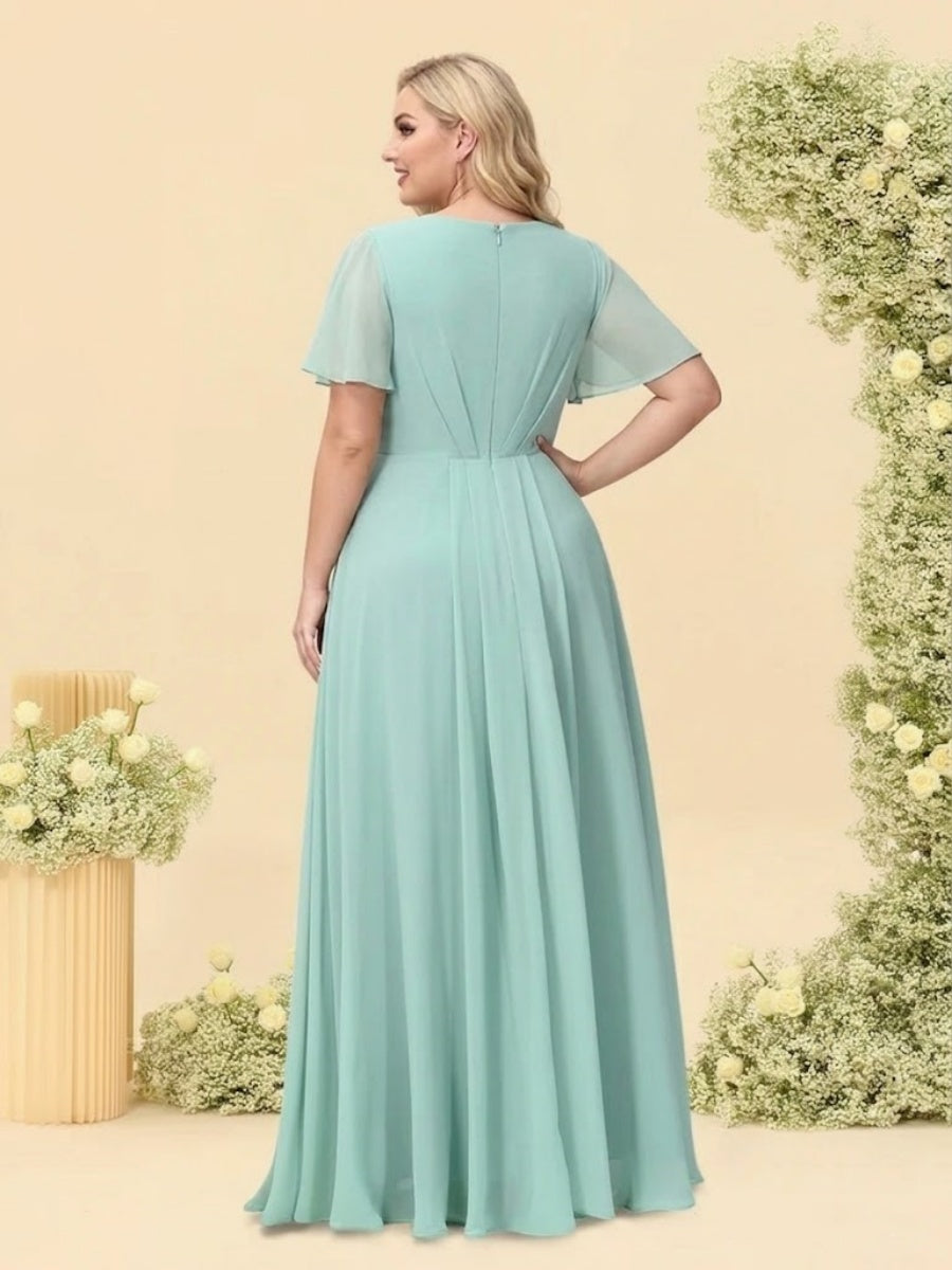 A-Line/Princess V-Neck Sleeveless Chiffon Plus Size Bridesmaid Dresses with Pockets