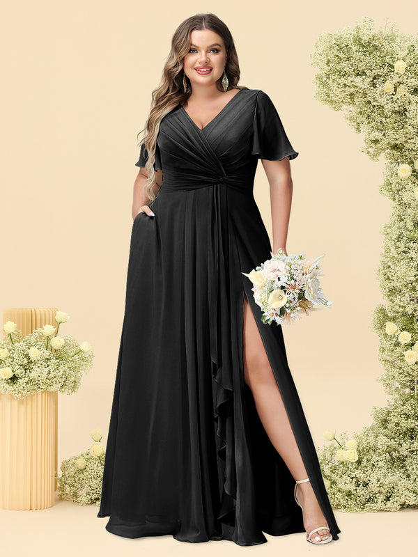 A-Line/Princess V-Neck Sleeveless Chiffon Plus Size Bridesmaid Dresses with Pockets