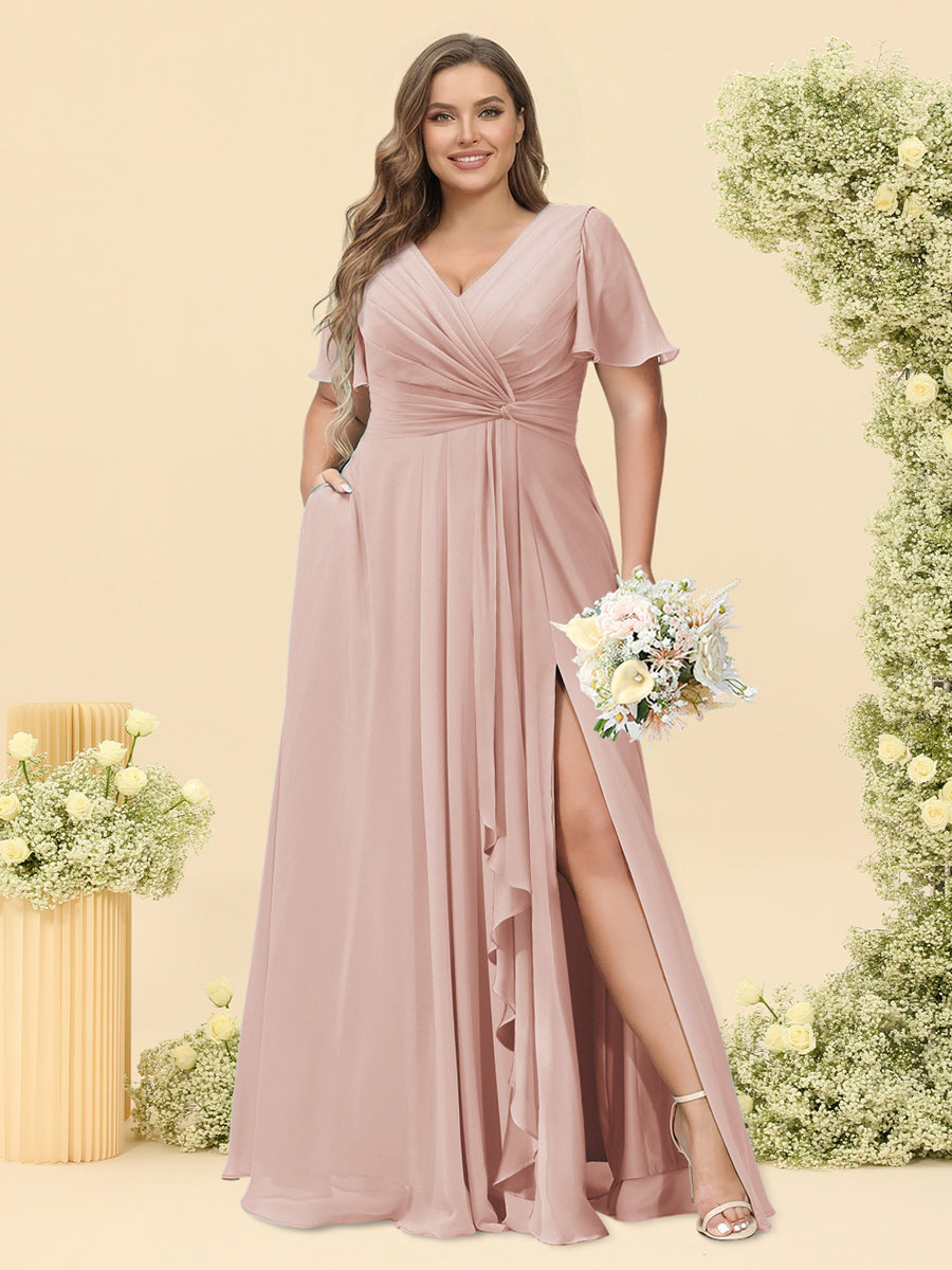 A-Line/Princess V-Neck Sleeveless Chiffon Plus Size Bridesmaid Dresses with Pockets