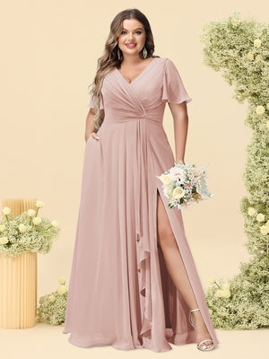 A-Line/Princess V-Neck Sleeveless Chiffon Plus Size Bridesmaid Dresses with Pockets