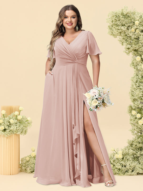 A-Line/Princess V-Neck Sleeveless Chiffon Plus Size Bridesmaid Dresses with Pockets