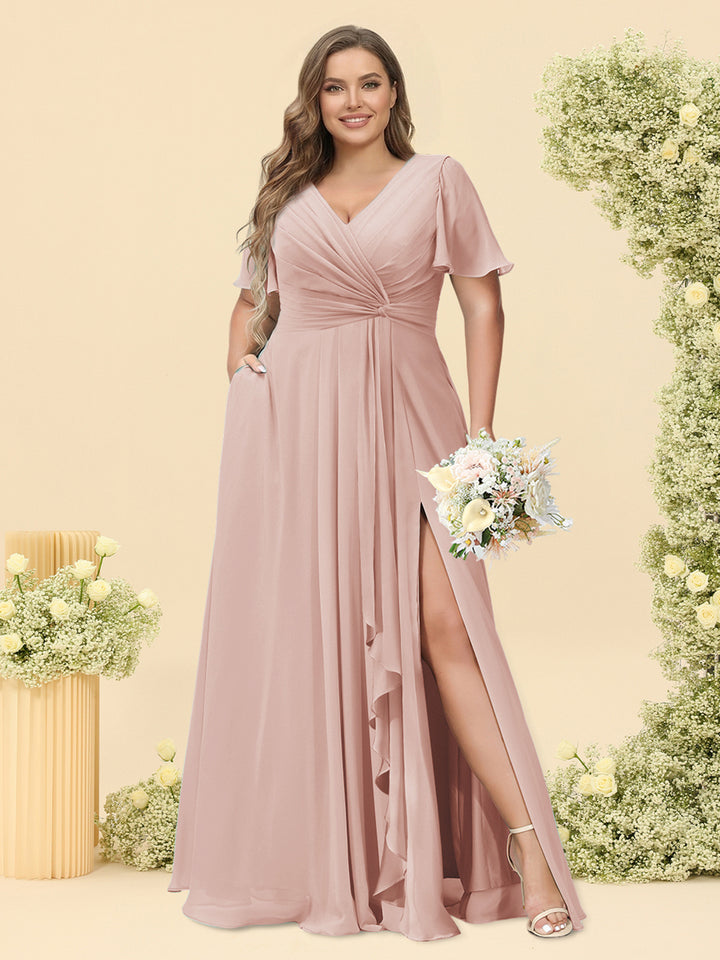 A-Line/Princess V-Neck Sleeveless Chiffon Plus Size Bridesmaid Dresses with Pockets