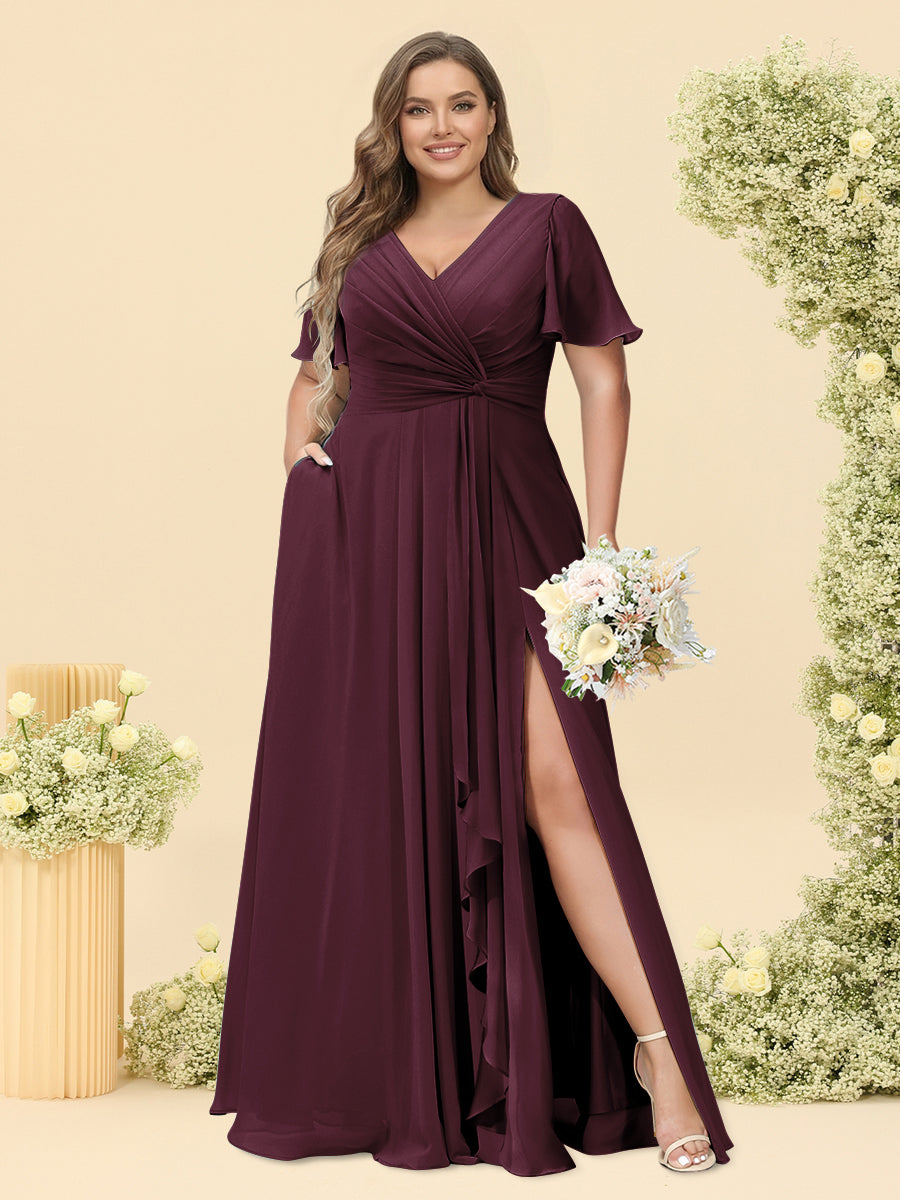A-Line/Princess V-Neck Sleeveless Chiffon Plus Size Bridesmaid Dresses with Pockets