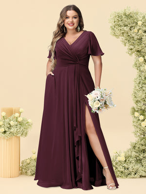 A-Line/Princess V-Neck Sleeveless Chiffon Plus Size Bridesmaid Dresses with Pockets