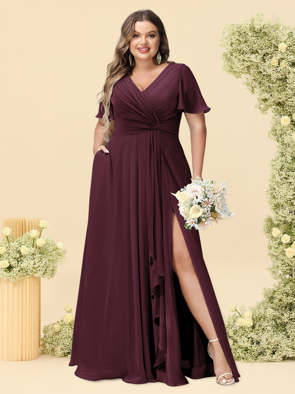 A-Line/Princess V-Neck Sleeveless Chiffon Plus Size Bridesmaid Dresses with Pockets