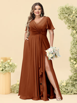 A-Line/Princess V-Neck Sleeveless Chiffon Plus Size Bridesmaid Dresses with Pockets