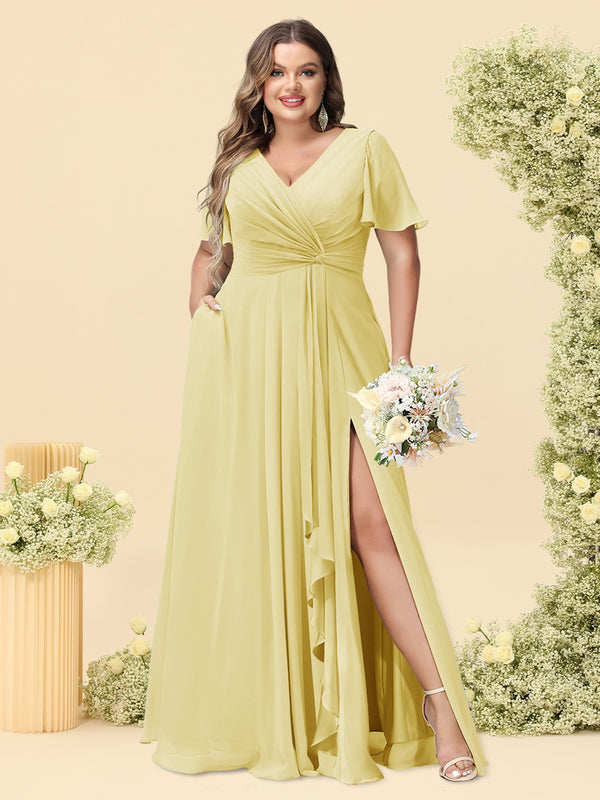A-Line/Princess V-Neck Sleeveless Chiffon Plus Size Bridesmaid Dresses with Pockets