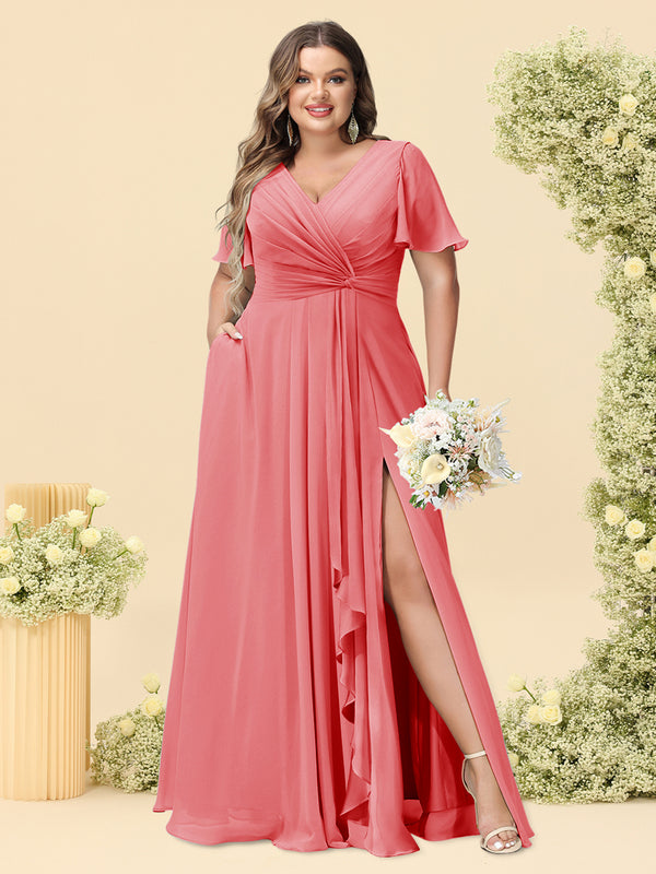 A-Line/Princess V-Neck Sleeveless Chiffon Plus Size Bridesmaid Dresses with Pockets