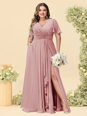 A-Line/Princess V-Neck Sleeveless Chiffon Plus Size Bridesmaid Dresses with Pockets