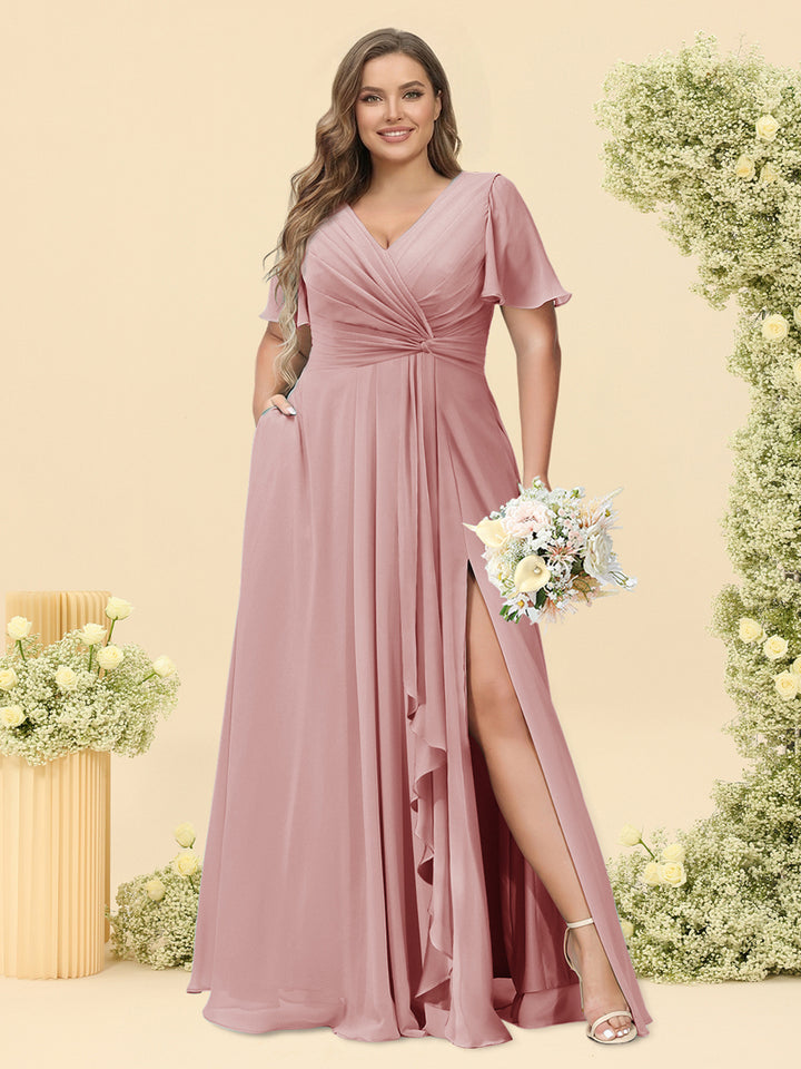 A-Line/Princess V-Neck Sleeveless Chiffon Plus Size Bridesmaid Dresses with Pockets