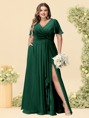 A-Line/Princess V-Neck Sleeveless Chiffon Plus Size Bridesmaid Dresses with Pockets