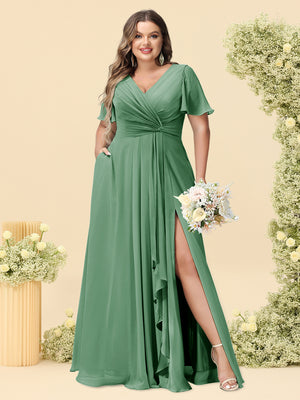 A-Line/Princess V-Neck Sleeveless Chiffon Plus Size Bridesmaid Dresses with Pockets