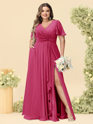 A-Line/Princess V-Neck Sleeveless Chiffon Plus Size Bridesmaid Dresses with Pockets