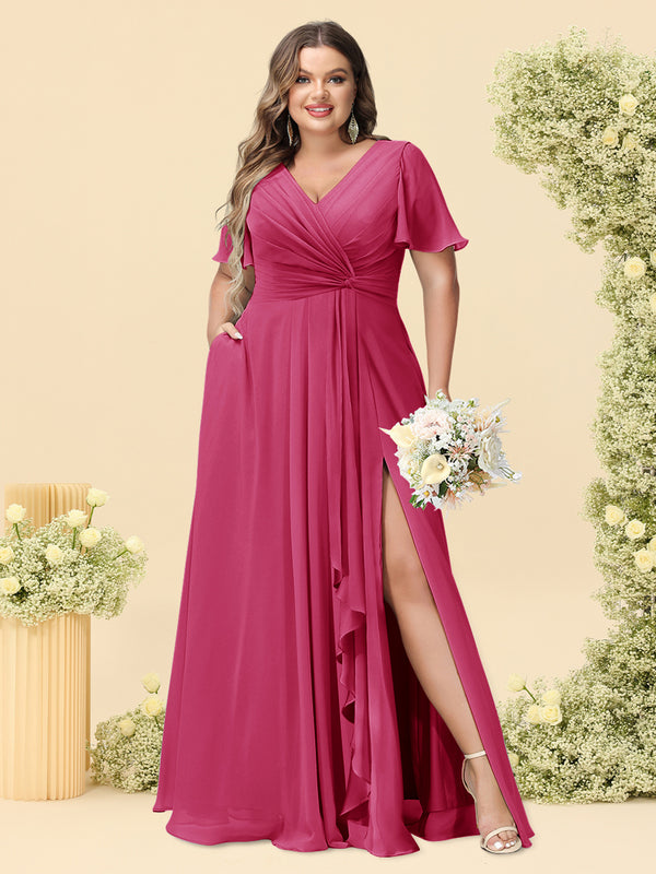 A-Line/Princess V-Neck Sleeveless Chiffon Plus Size Bridesmaid Dresses with Pockets