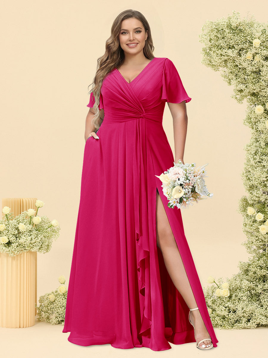 A-Line/Princess V-Neck Sleeveless Chiffon Plus Size Bridesmaid Dresses with Pockets