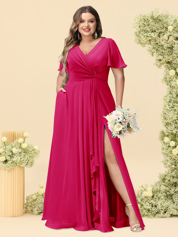 A-Line/Princess V-Neck Sleeveless Chiffon Plus Size Bridesmaid Dresses with Pockets
