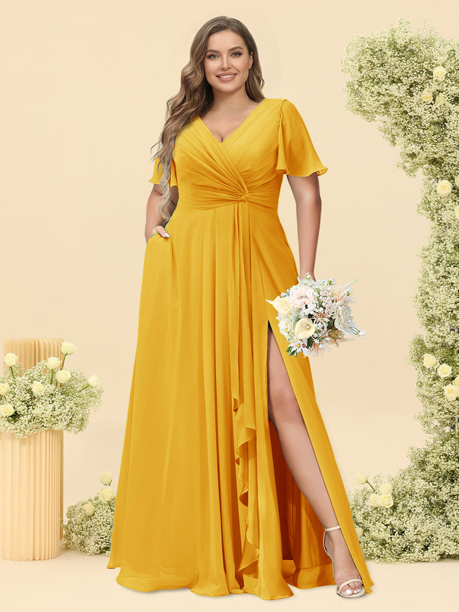 A-Line/Princess V-Neck Sleeveless Chiffon Plus Size Bridesmaid Dresses with Pockets