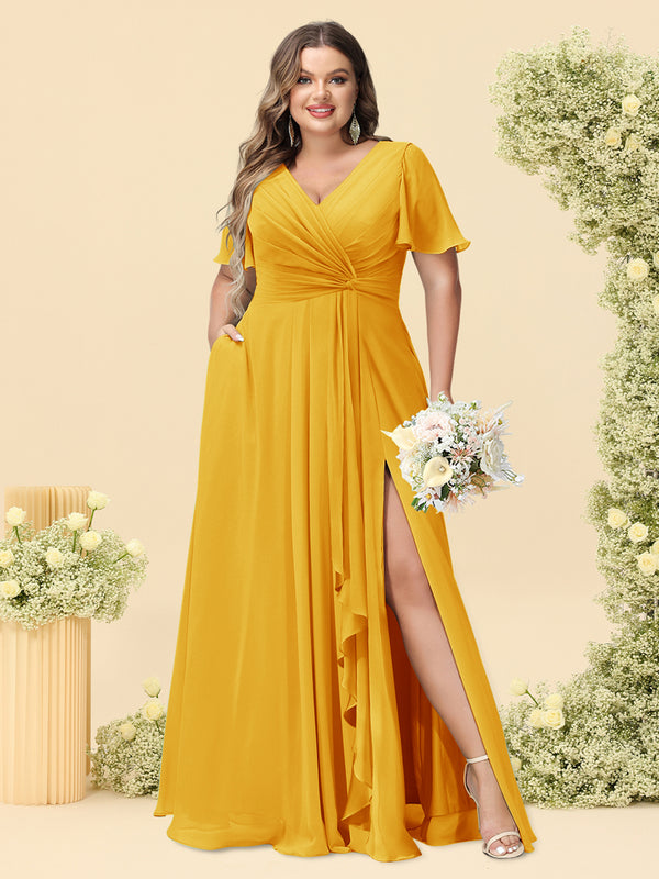 A-Line/Princess V-Neck Sleeveless Chiffon Plus Size Bridesmaid Dresses with Pockets