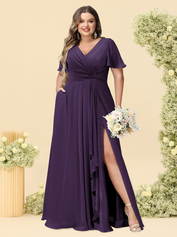 A-Line/Princess V-Neck Sleeveless Chiffon Plus Size Bridesmaid Dresses with Pockets
