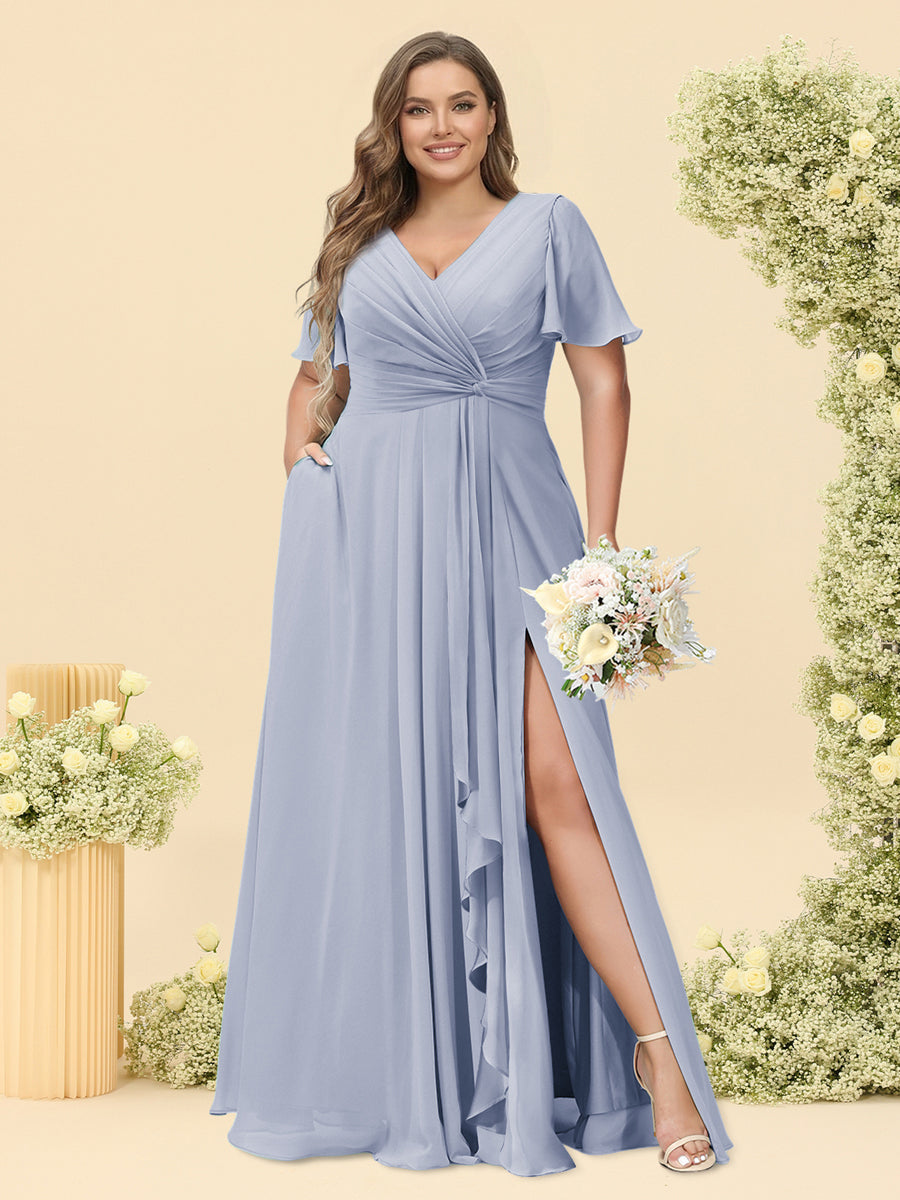 A-Line/Princess V-Neck Sleeveless Chiffon Plus Size Bridesmaid Dresses with Pockets