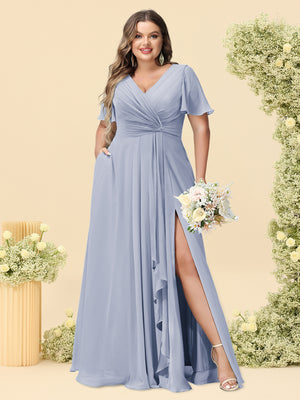 A-Line/Princess V-Neck Sleeveless Chiffon Plus Size Bridesmaid Dresses with Pockets