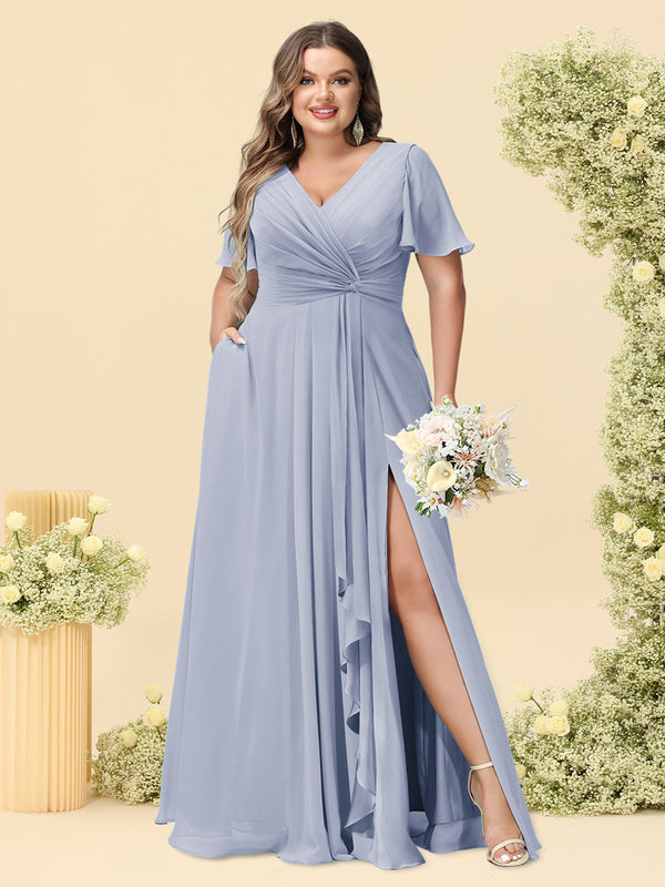 A-Line/Princess V-Neck Sleeveless Chiffon Plus Size Bridesmaid Dresses with Pockets