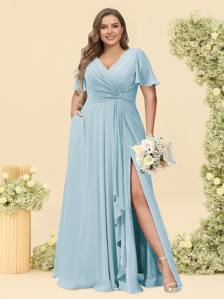 A-Line/Princess V-Neck Sleeveless Chiffon Plus Size Bridesmaid Dresses with Pockets